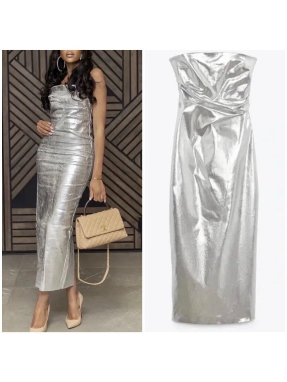 Zara Women’s Silver Metallic Strapless Dress Party Midi Halloween XXL NWT